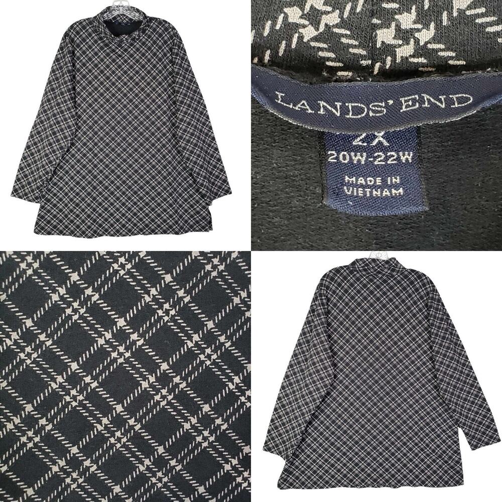 Lands End Shirt Women’s Plus Size 2X Mock Neck Black Long Sleeve Plaid